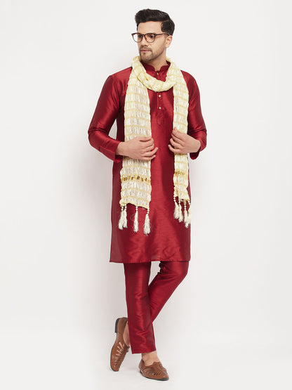 Men's Maroon Silk Blend Straight Kurta  Pyjama & Dupatta Set