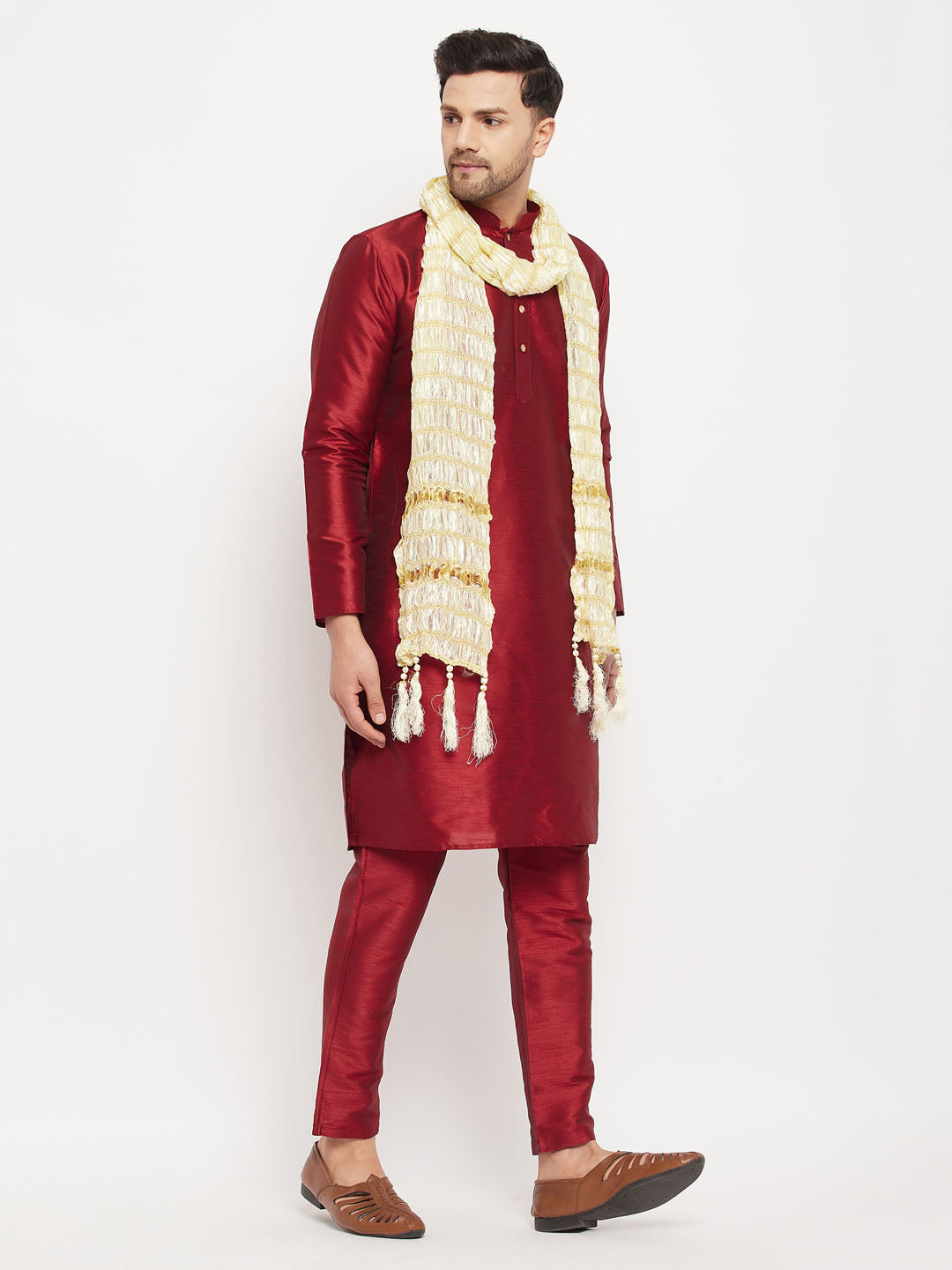 Men's Maroon Silk Blend Straight Kurta  Pyjama & Dupatta Set