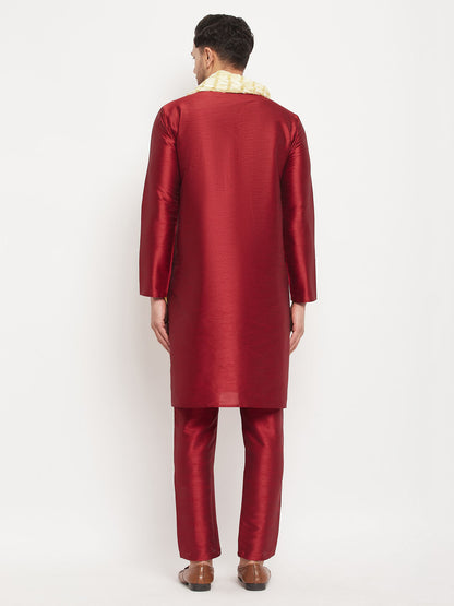 Men's Maroon Silk Blend Straight Kurta  Pyjama & Dupatta Set