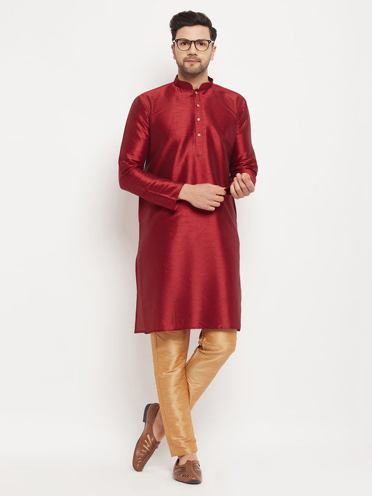 Men's Maroon Silk Blend Straight Kurta Pyjama Set