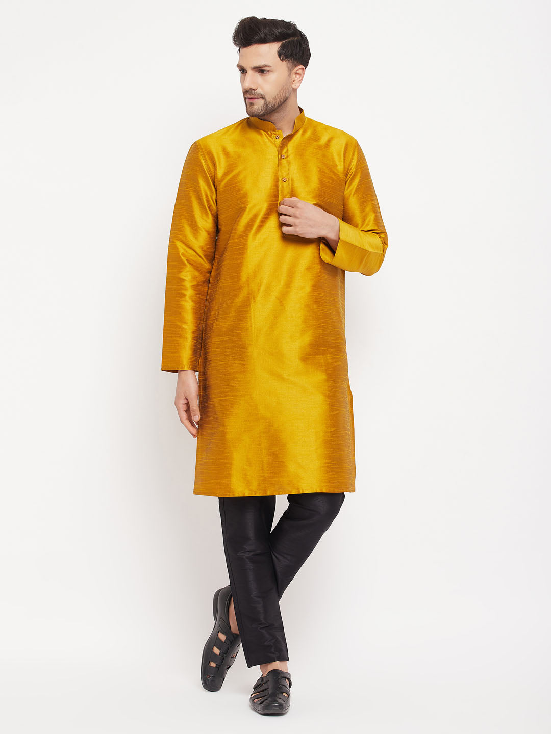 Men's Mustard Silk Blend Straight Kurta Pyjama Set