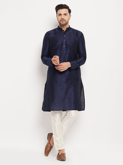 Men's Navy blue Silk Blend Straight Kurta Pyjama Set