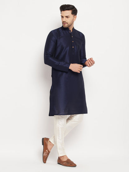 Men's Navy blue Silk Blend Straight Kurta Pyjama Set