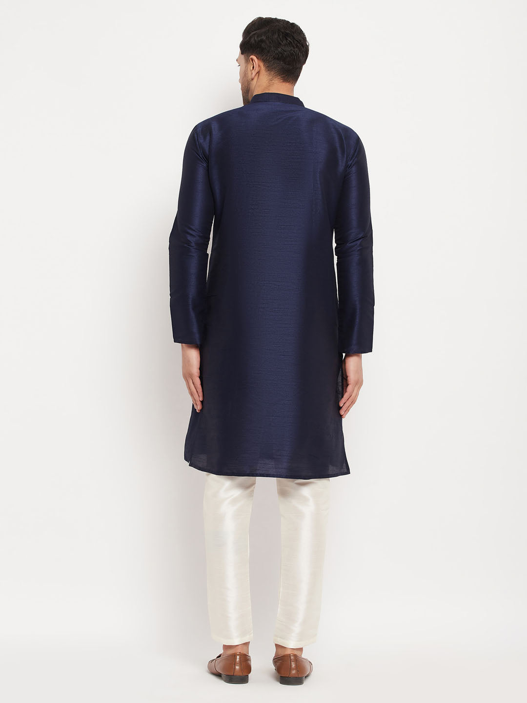 Men's Navy blue Silk Blend Straight Kurta Pyjama Set