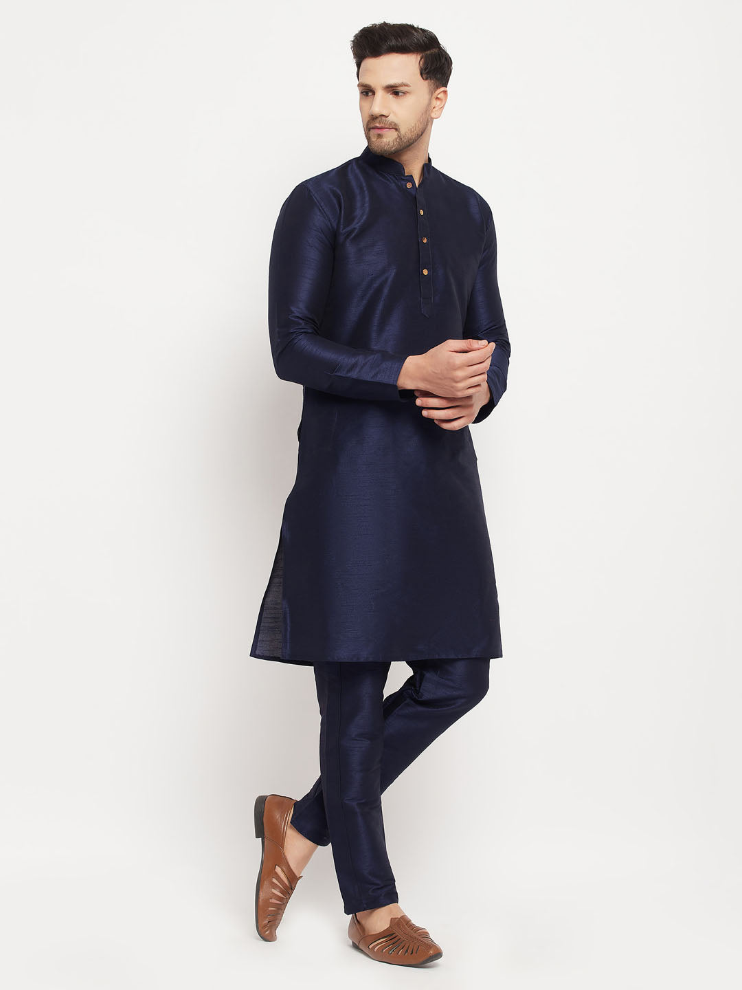 Men's Navy blue Silk Blend Straight Kurta Pyjama Set