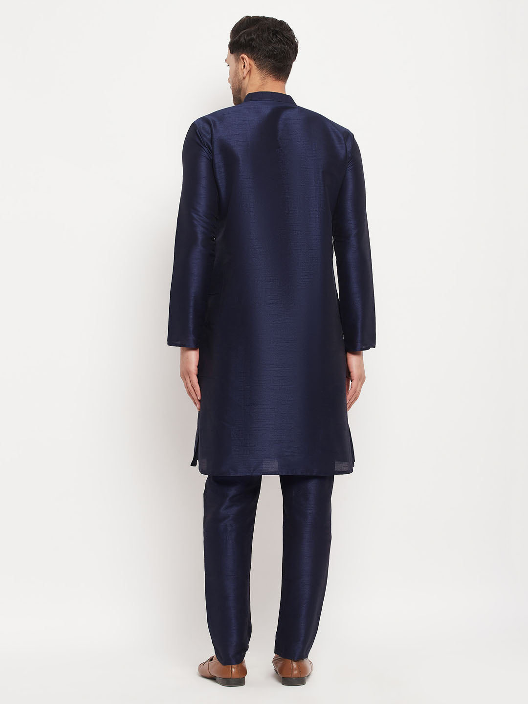 Men's Navy blue Silk Blend Straight Kurta Pyjama Set