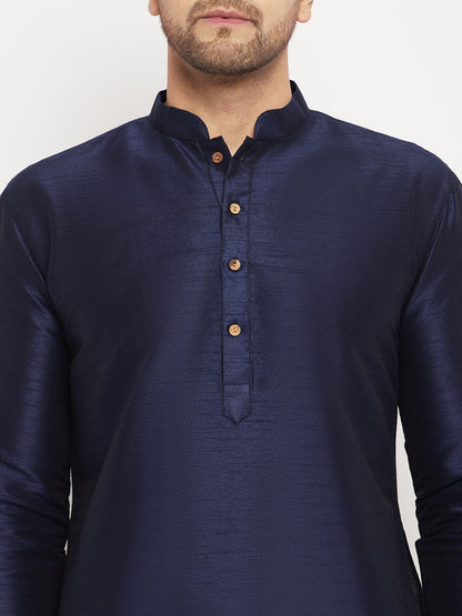 Men's Navy blue Silk Blend Straight Kurta Pyjama Set