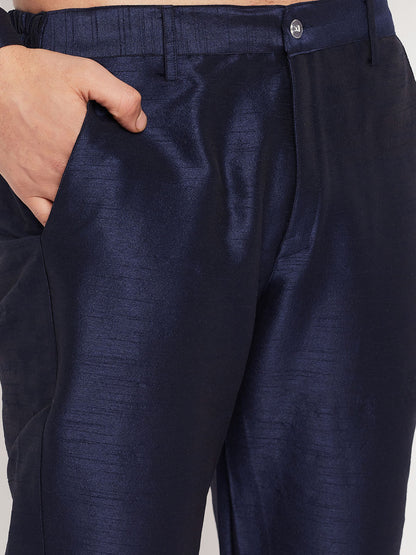 Men's Navy blue Silk Blend Straight Kurta Pyjama Set