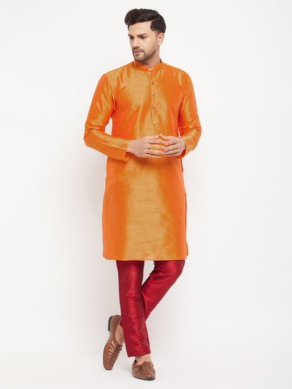 Men's Orange Silk Blend Straight Kurta Pyjama Set