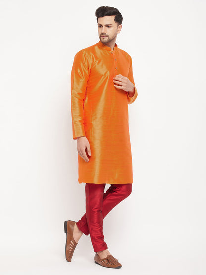 Men's Orange Silk Blend Straight Kurta Pyjama Set