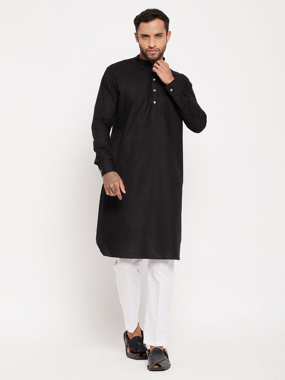 Men's Black Cotton Blend Pathani Kurta Pyjama Set