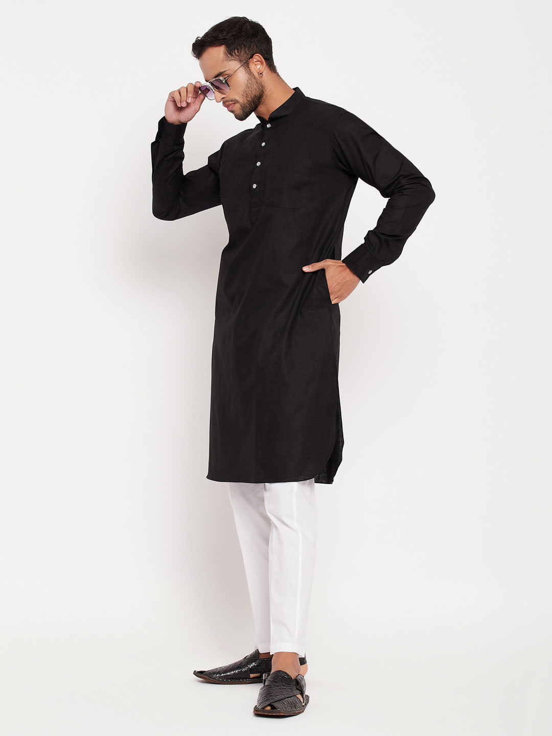 Men's Black Cotton Blend Pathani Kurta Pyjama Set
