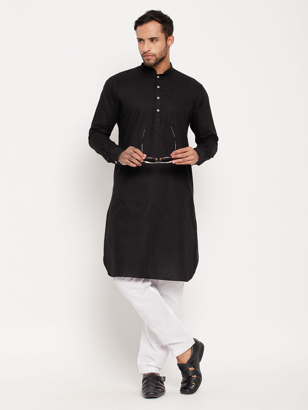 Men's Black Cotton Linen Pathani Kurta Pyjama Set