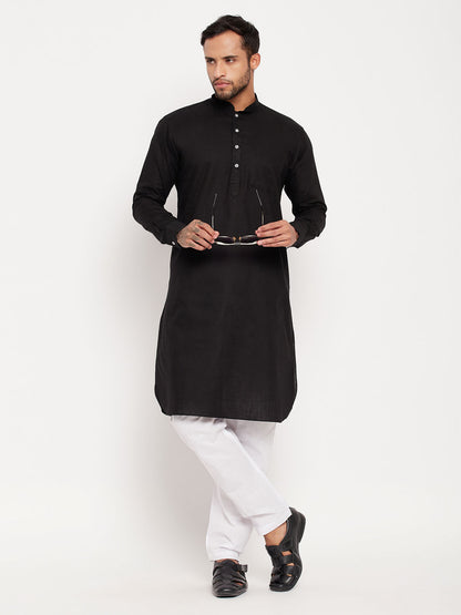 Men's Black Cotton Linen Pathani Kurta Pyjama Set