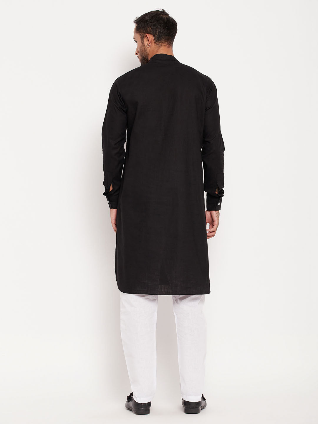 Men's Black Cotton Linen Pathani Kurta Pyjama Set