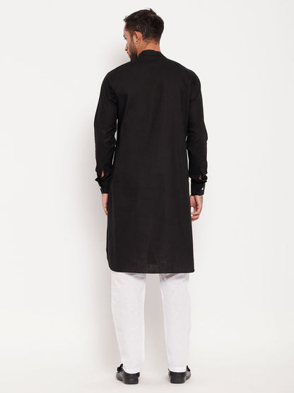 Men's Black Cotton Linen Pathani Kurta Pyjama Set