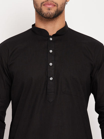 Men's Black Cotton Linen Pathani Kurta Pyjama Set