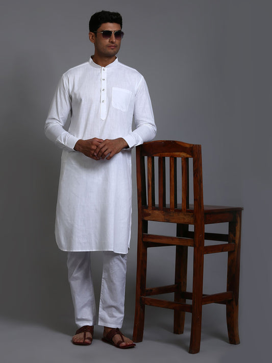 Men's White Cotton Linen Pathani Kurta Pyjama Set