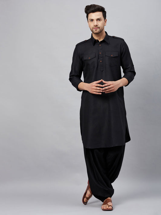 Men's Black Cotton Blend Pathani Kurta And Patiala Set