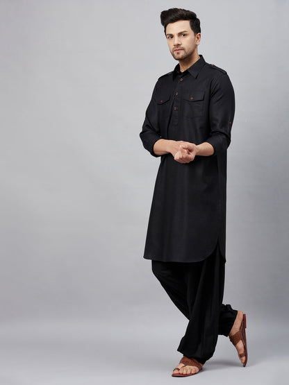 Men's Black Cotton Blend Pathani Kurta And Patiala Set