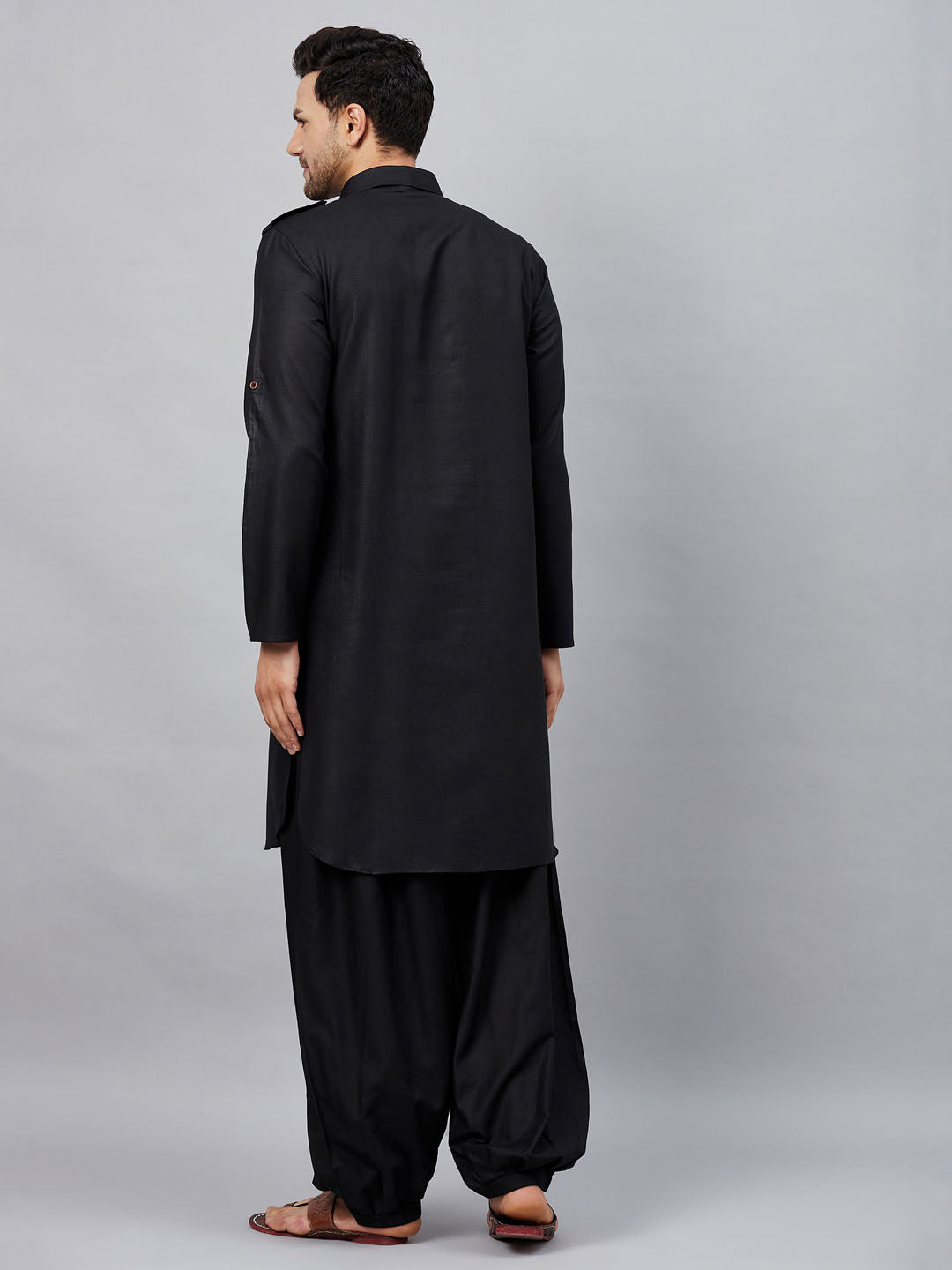 Men's Black Cotton Blend Pathani Kurta And Patiala Set