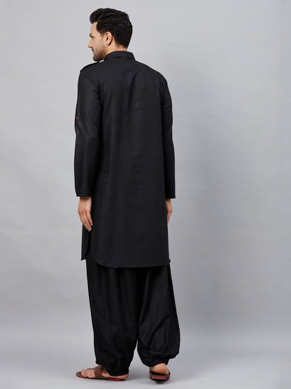 Men's Black Cotton Blend Pathani Kurta And Patiala Set
