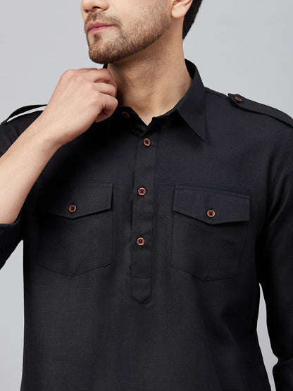 Men's Black Cotton Blend Pathani Kurta And Patiala Set
