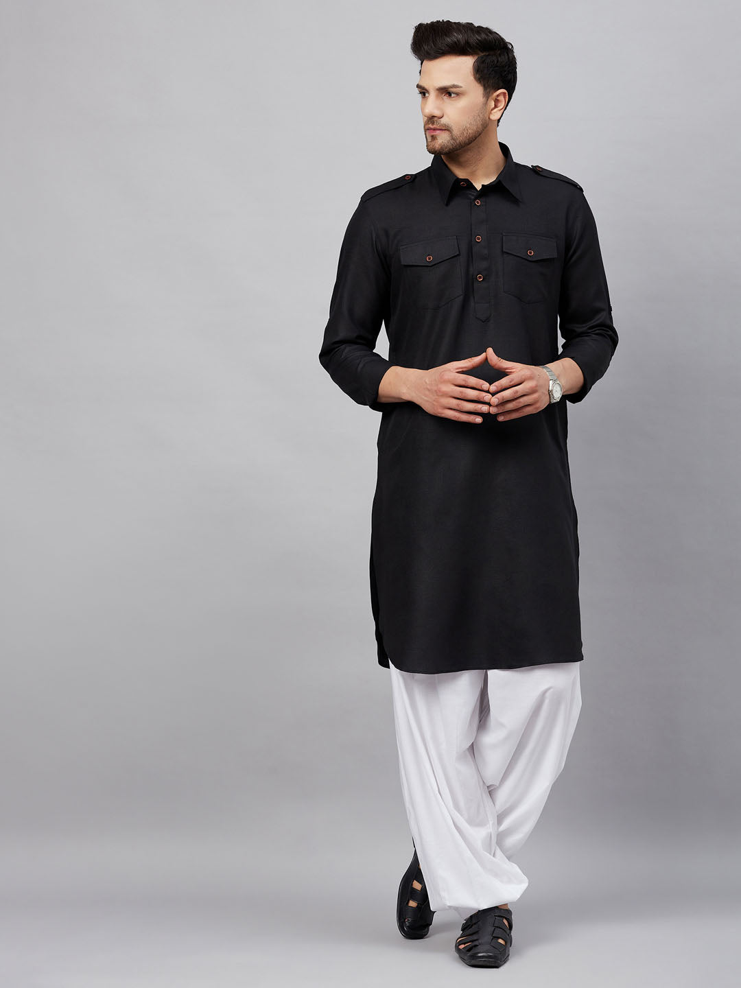 Men's Black Cotton Blend Pathani Kurta And Patiala Set