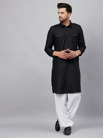 Men's Black Cotton Blend Pathani Kurta And Patiala Set