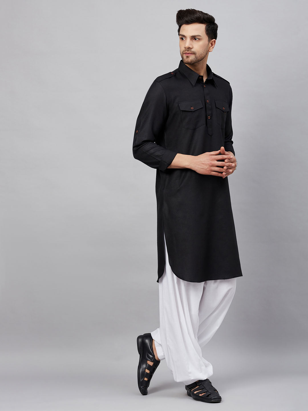 Men's Black Cotton Blend Pathani Kurta And Patiala Set