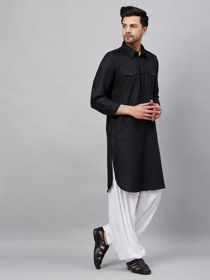 Men's Black Cotton Blend Pathani Kurta And Patiala Set