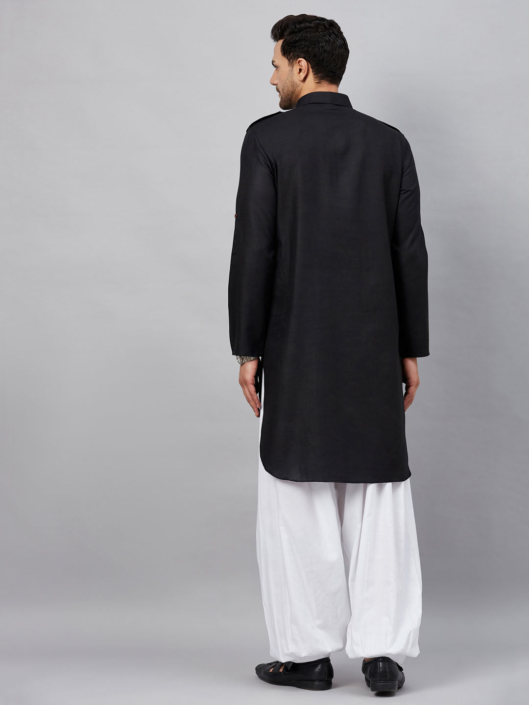 Men's Black Cotton Blend Pathani Kurta And Patiala Set