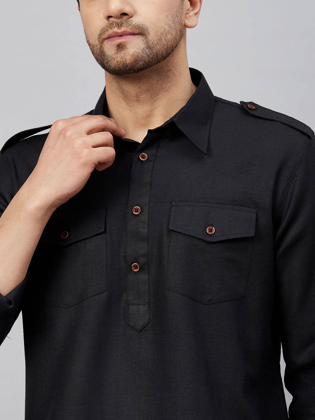 Men's Black Cotton Blend Pathani Kurta And Patiala Set