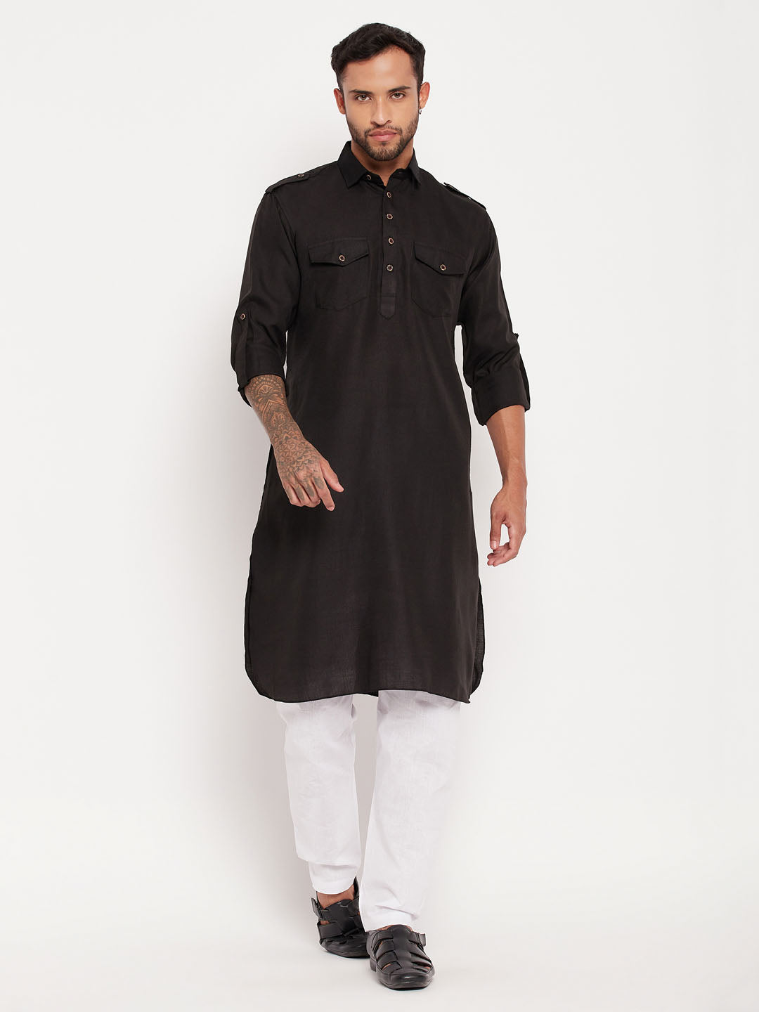 Men's Black Cotton Blend Pathani Kurta Pyjama Set