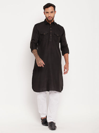 Men's Black Cotton Blend Pathani Kurta Pyjama Set