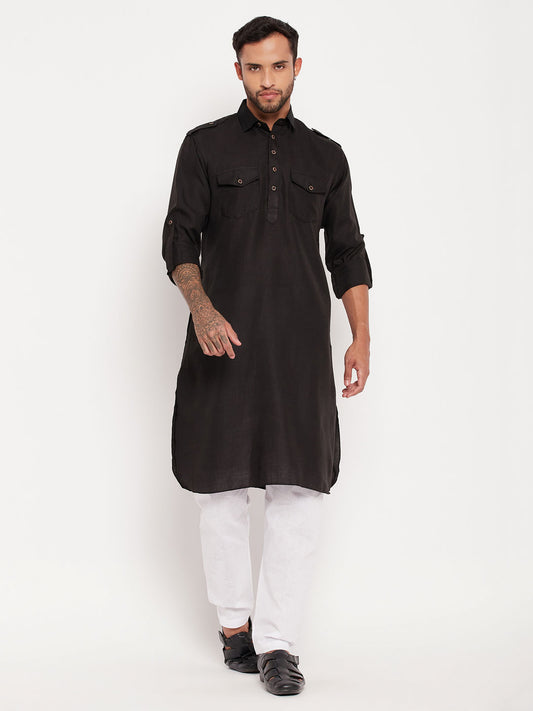 Men's Black Cotton Blend Pathani Kurta Pyjama Set