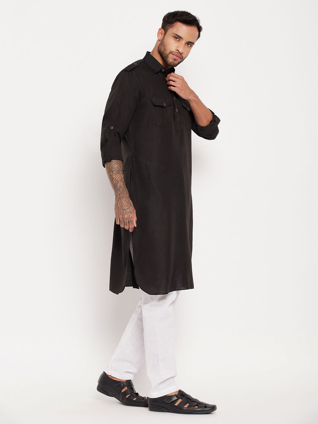 Men's Black Cotton Blend Pathani Kurta Pyjama Set
