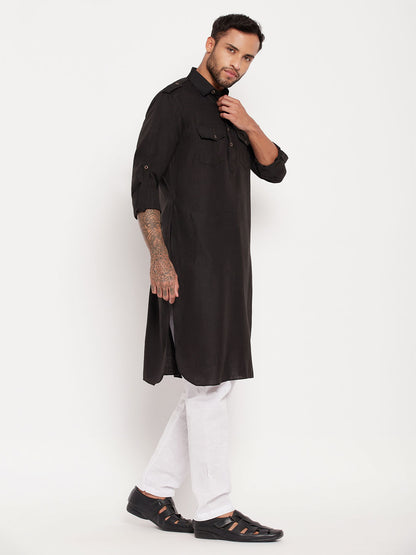 Men's Black Cotton Blend Pathani Kurta Pyjama Set