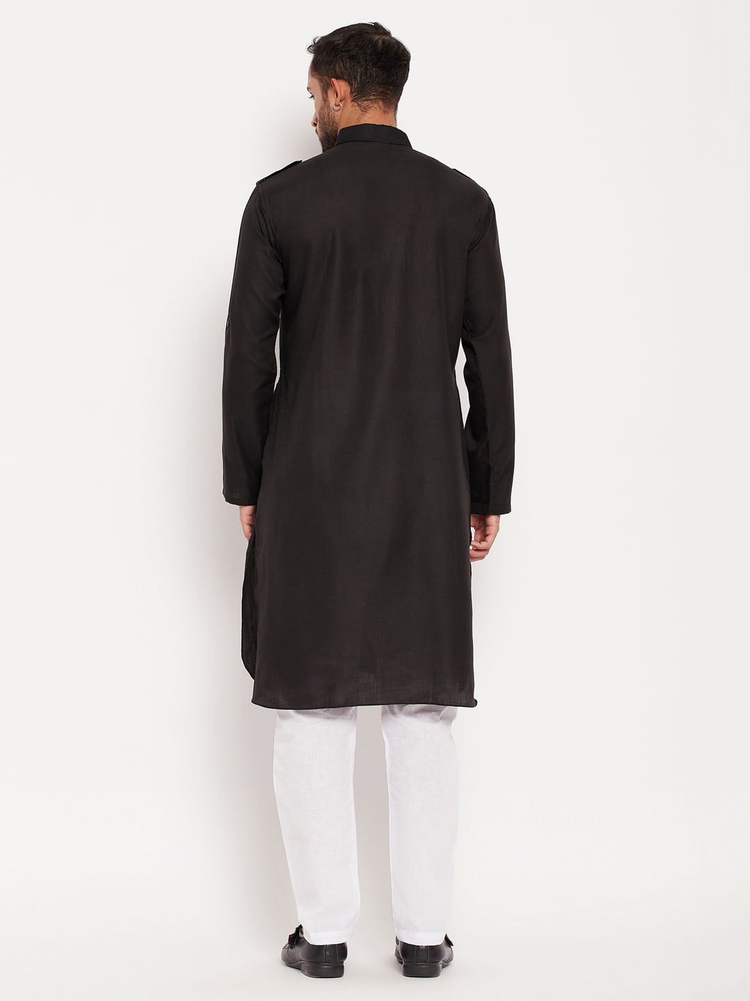 Men's Black Cotton Blend Pathani Kurta Pyjama Set