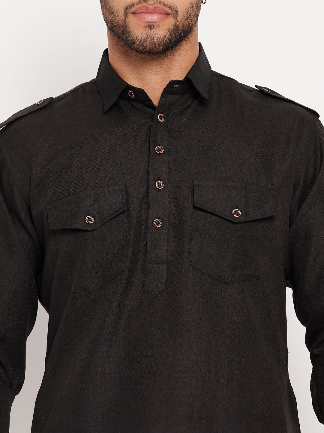 Men's Black Cotton Blend Pathani Kurta Pyjama Set