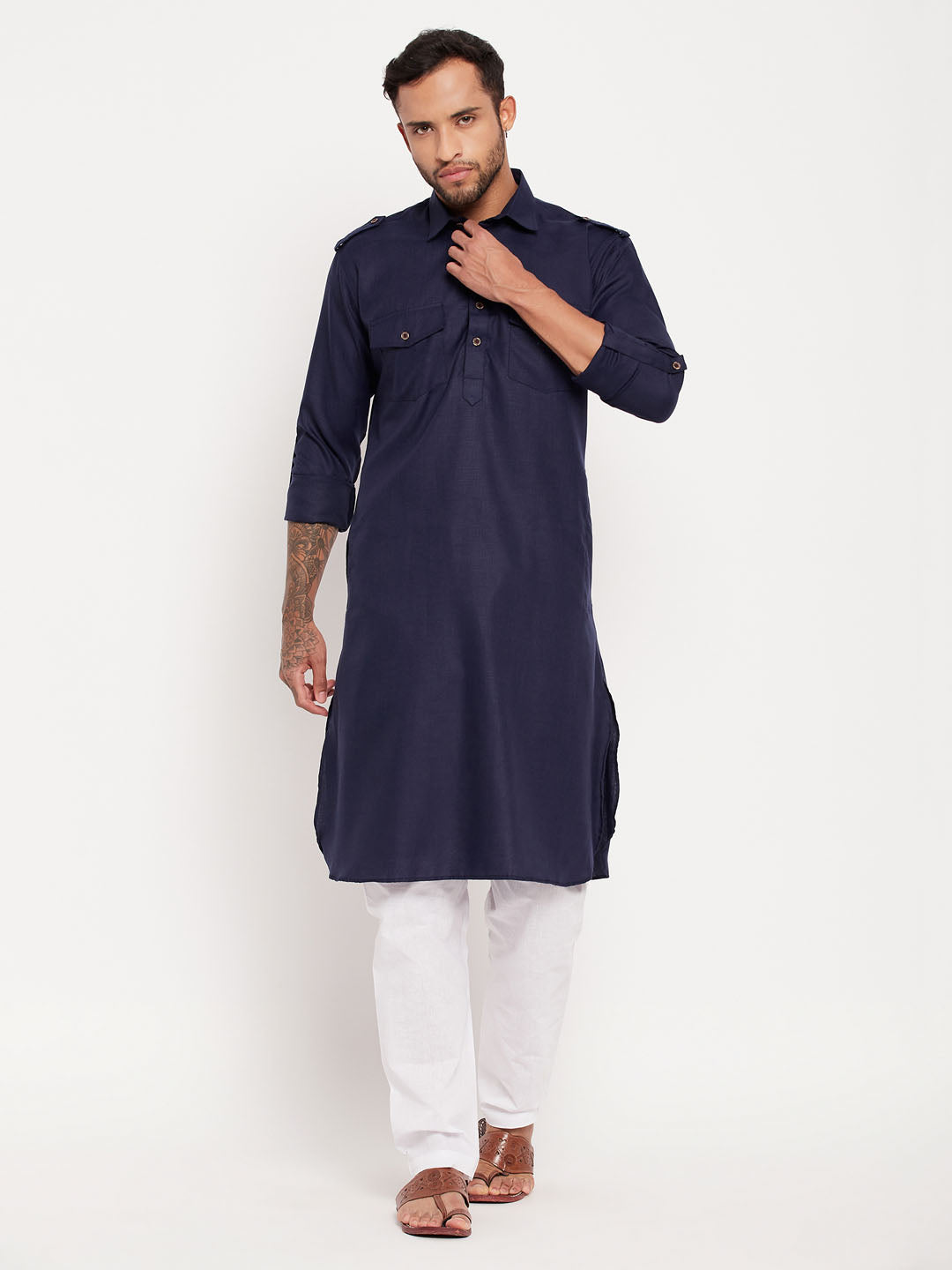 Men's Blue Cotton Blend Pathani Kurta Pyjama Set