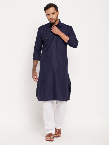 Men's Blue Cotton Blend Pathani Kurta Pyjama Set