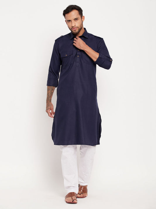 Men's Blue Cotton Blend Pathani Kurta Pyjama Set