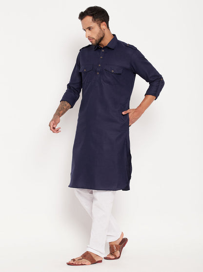 Men's Blue Cotton Blend Pathani Kurta Pyjama Set