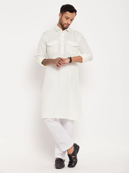 Men's Cream Cotton Blend Pathani Kurta Pyjama Set
