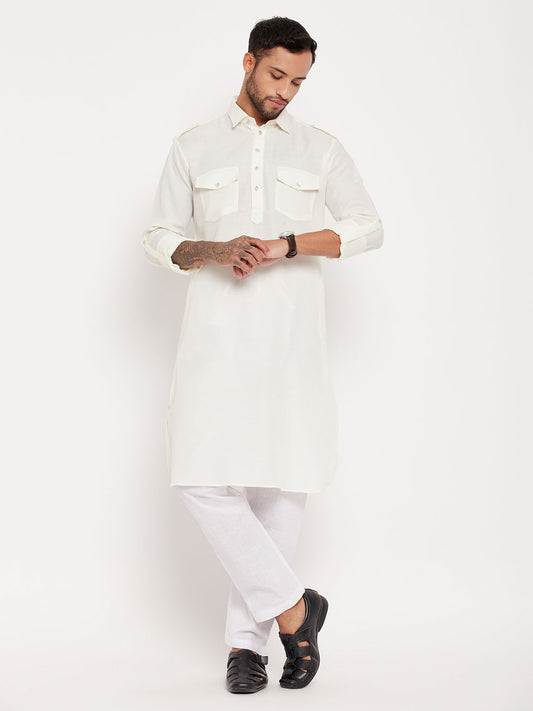 Men's Cream Cotton Blend Pathani Kurta Pyjama Set