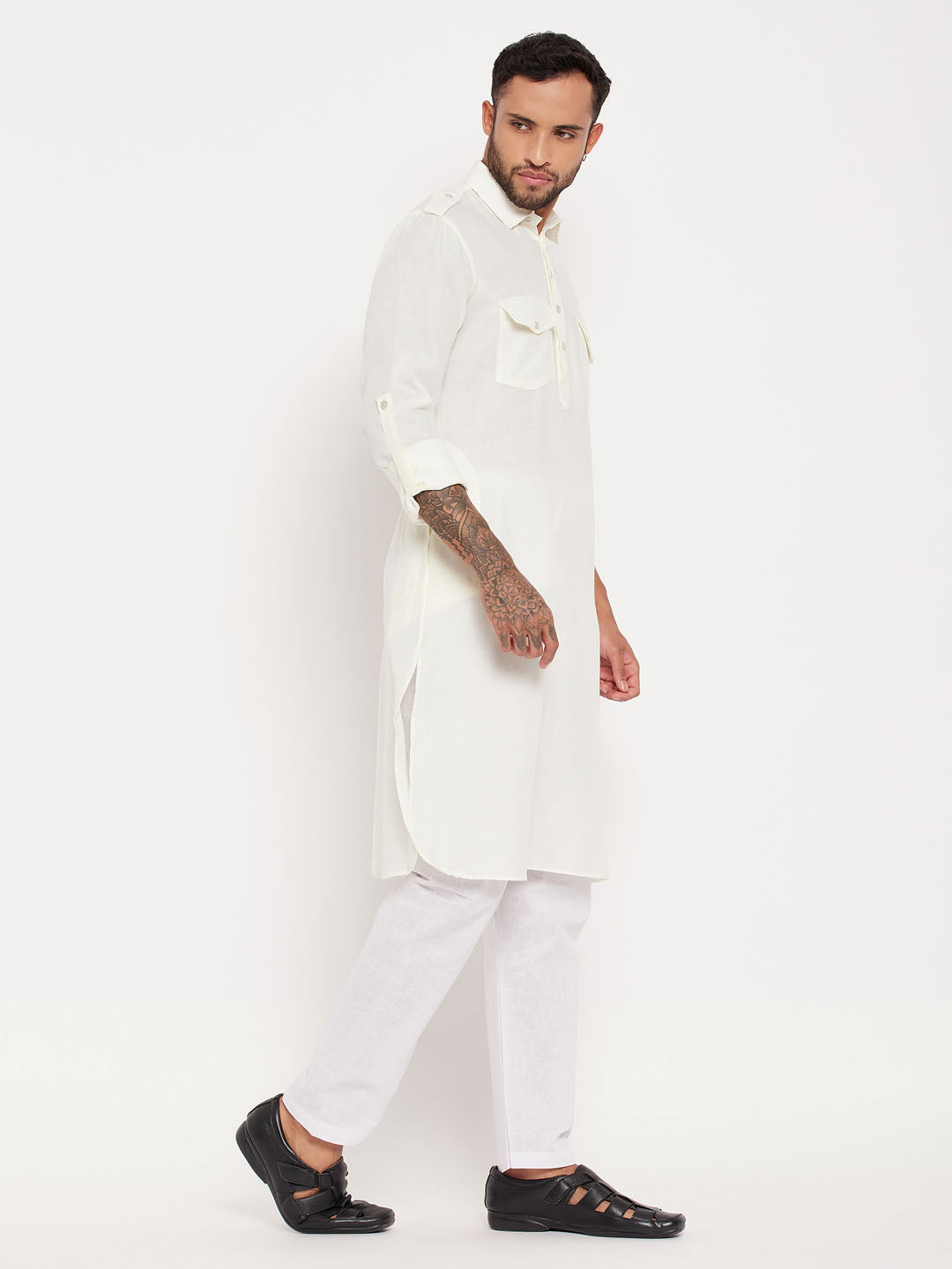 Men's Cream Cotton Blend Pathani Kurta Pyjama Set