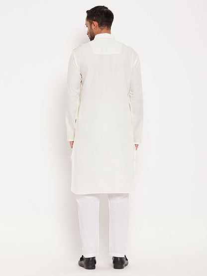 Men's Cream Cotton Blend Pathani Kurta Pyjama Set