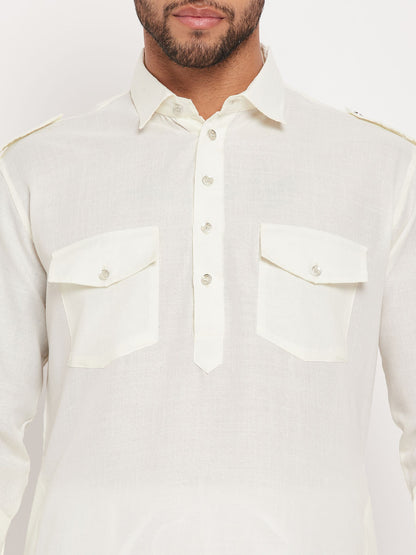 Men's Cream Cotton Blend Pathani Kurta Pyjama Set
