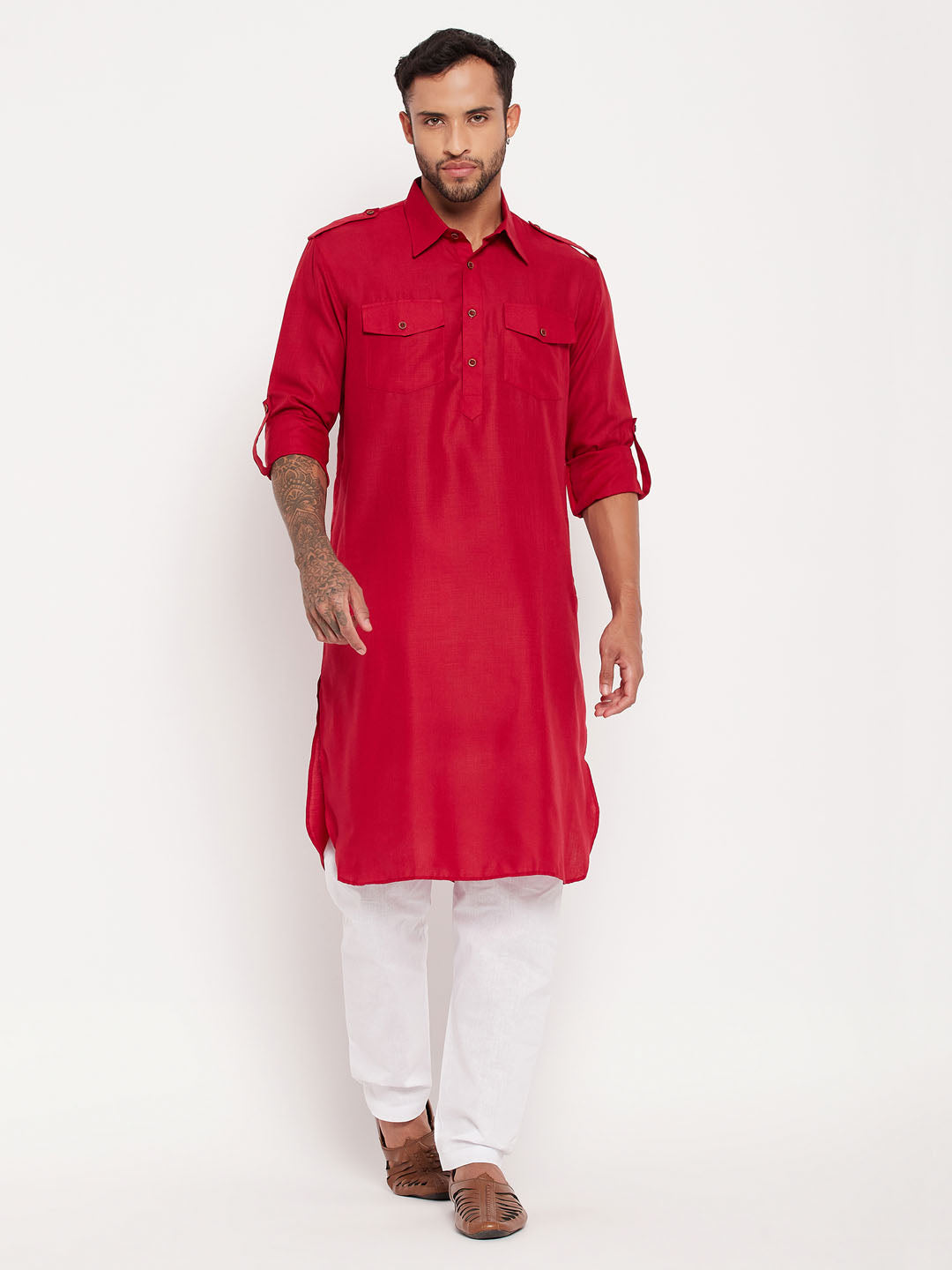 Men's Maroon Cotton Blend Pathani Kurta Pyjama Set